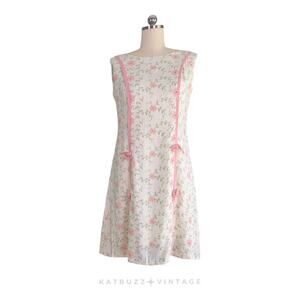 Vintage Mini Dress 60s A-Line Floral Bow Ribbon Mod Sleeveless Cream Pink